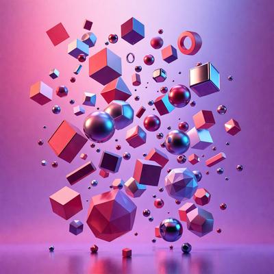 The primary subject of the image is a collection of various geometric shapes, including cubes, spheres, and other geometric forms. These shapes are floating in a purple background, creating a visually striking and artistic scene. The visual style of the image is digital art, as it appears to be a computer-generated or digitally rendered composition. The dominant colors in the image are purple and various shades of blue, giving the scene a calm and serene atmosphere.